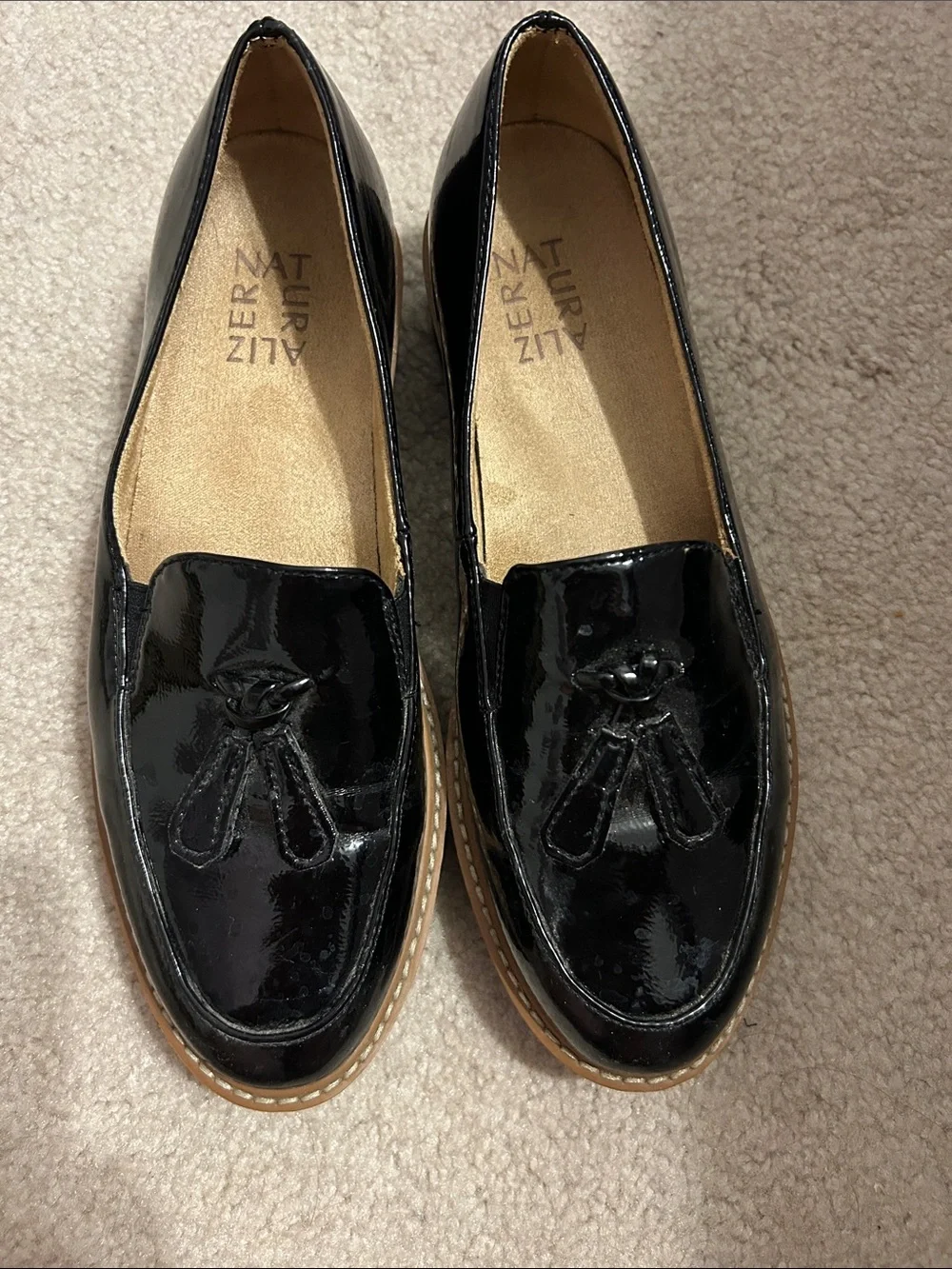 Naturalizer Black Patent Tassel Slip-On Loafers with Tan Trim